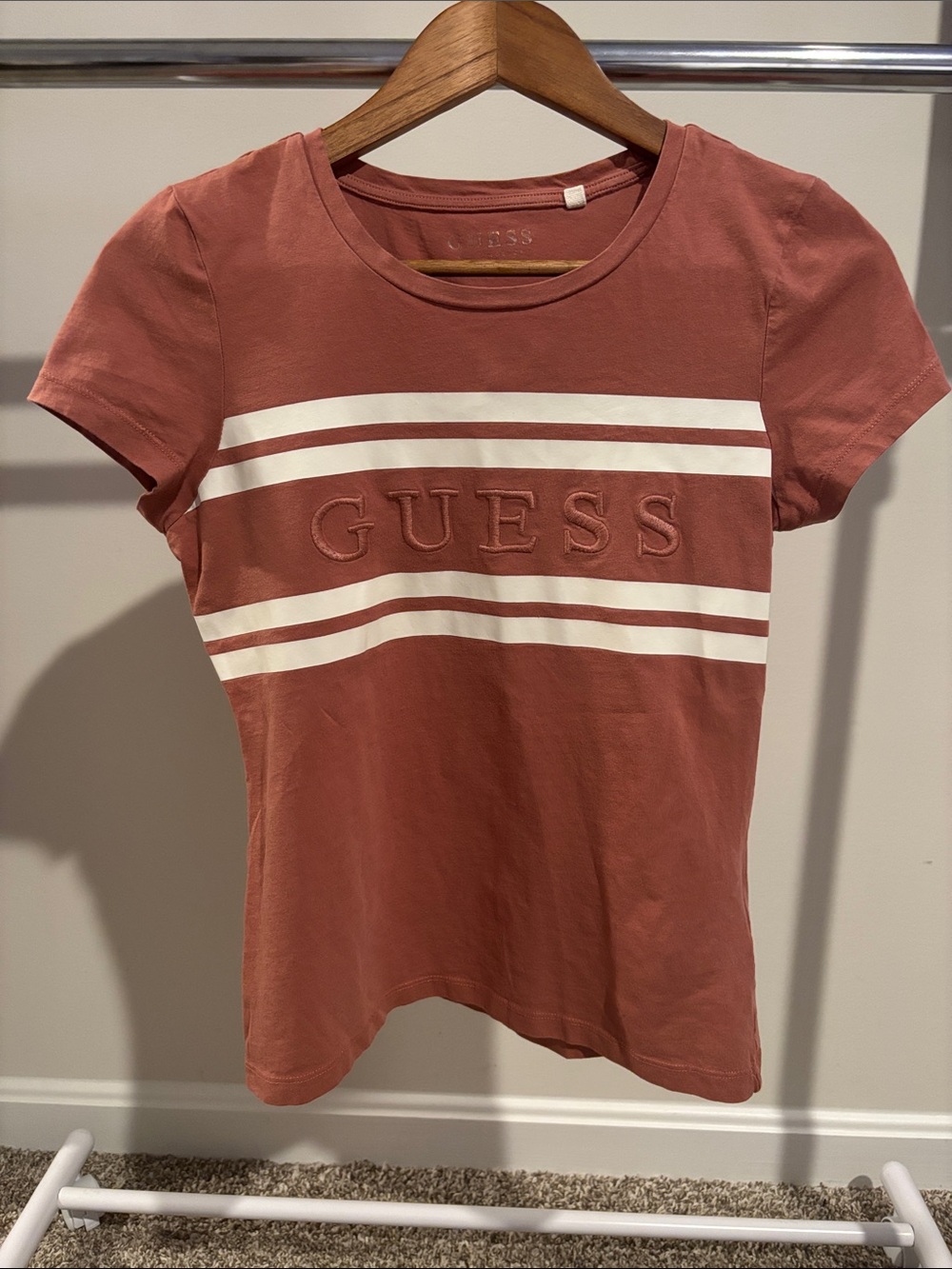GUESS Rusty Rose Short Sleeve Logo Tee with White Stripes